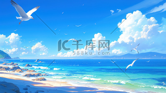 夏日岸边飞翔的海鸥手绘插画