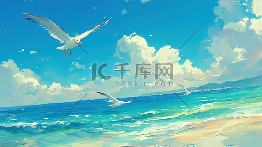 雄鹰展翅飞翔插画图片_夏日海边手绘飞翔的海鸥插画