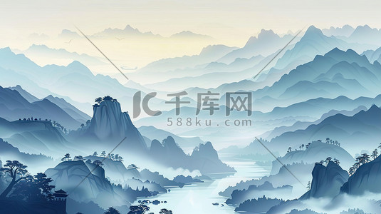 手绘中国山谷河流水墨插画