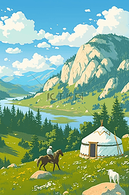 夏天风景手绘羊群插画海报