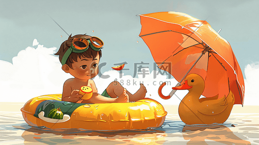 夏天沙滩游泳圈插画图片_游泳圈上的儿童插画9