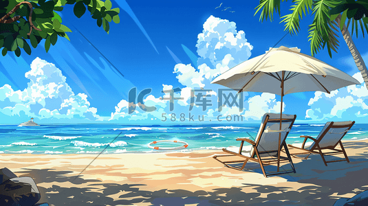 烈日炎炎下插画图片_沙滩上的遮阳伞躺椅40