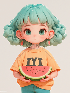 夏天插画可爱小女孩吃西瓜
