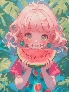 夏天插画卡通女孩吃西瓜