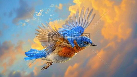 唯美手绘彩色蓝色小鸟飞翔的插画