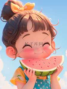 夏天卡通小女孩吃西瓜