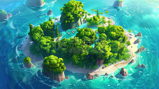 户外蓝色风景树木小岛屿上景色的插画