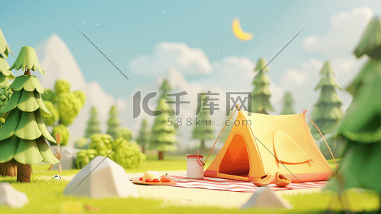 优酷空间插画图片_2.5D立体空间户外树木草坪帐篷的插画