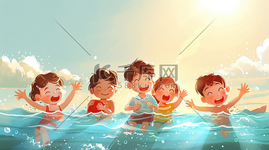 游泳阳光插画图片_阳光蓝天白云下河流里儿童游泳的插画