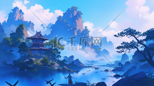 中式艺术国画风景人物景色山色树木的插画
