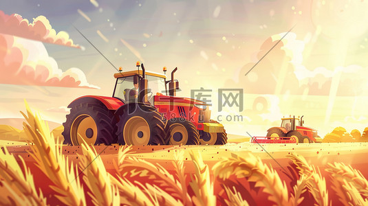 麦子丰收插画图片_蓝天白云阳光下麦田里收割机收割麦子的插画