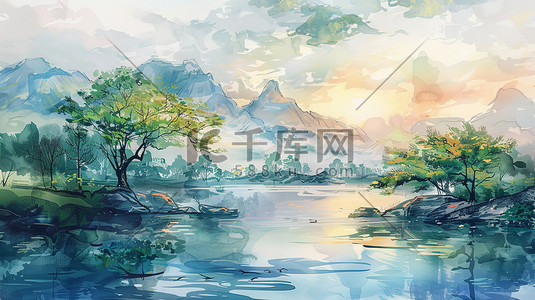 水彩手绘蓝色国画艺术风格山河风景的插画