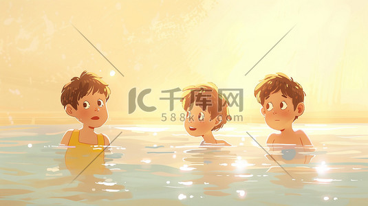手绘绘画卡通儿童河流里泳圈游泳的插画