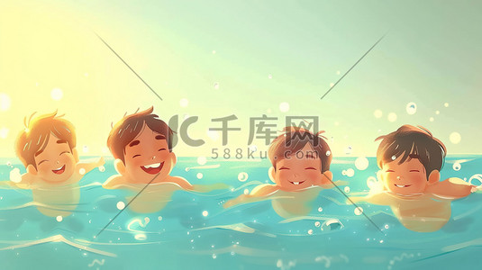 儿童泳圈插画图片_手绘绘画卡通儿童河流里泳圈游泳的插画