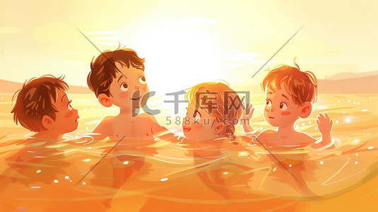 儿童泳圈插画图片_绘画手绘风景自然河流河水儿童游泳的插画