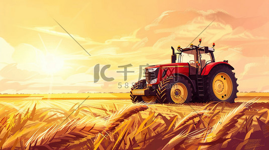 大机器主图插画图片_手绘蓝天白云下麦田里收割机收割麦子的插画