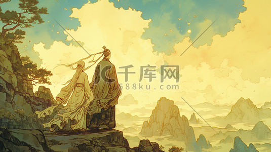 绘画手绘山景景色风景中式国画人物的插画