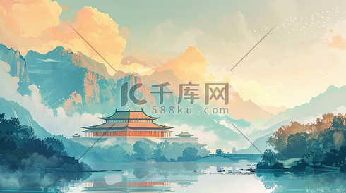 手绘中国山谷河流古建筑水墨插画