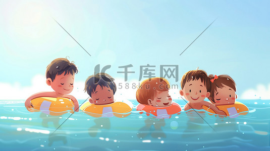 儿童泳圈插画图片_绘画白手绘风景自然河流河水儿童游泳的插画