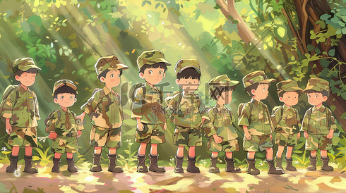 清新夏季儿童穿迷彩服夏令营活动的插画