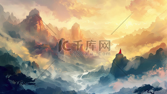 中式云雾国画风景人物景色山色树木的插画