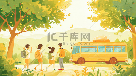黄色节日元素插画图片_清新唯美卡通儿童上学黄色校车的插画