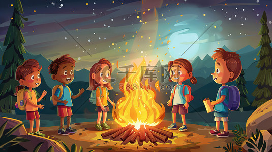 夜晚户外森林卡通儿童开心篝火晚会的插画