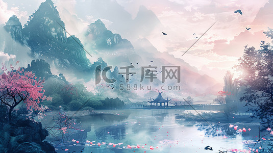 手绘绘画文艺风格国画风景山水的插画