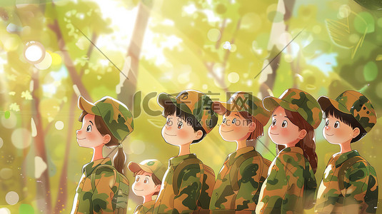 儿童平面设计插画图片_夏季儿童穿迷彩服夏令营活动的插画