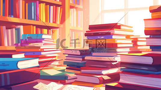 书桌上摆满书本的书房插画