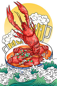 小龙虾霓虹的插画图片_龙虾夏日美食啤酒国潮插画