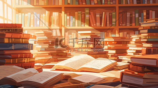 书桌上堆满书本的书房插画