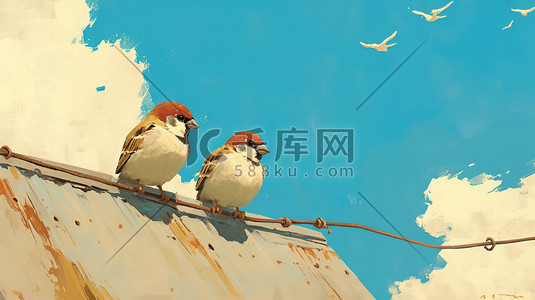 在线开公司插画图片_绘画唯美蓝色天空里小鸟在线杆上插画