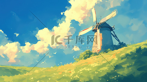 绘画水彩唯美清爽蓝色天空下风车的插画