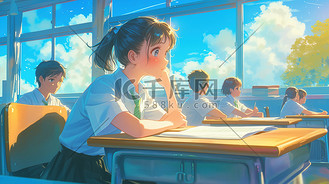 教室课桌前的手绘坐在的学生插画