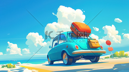车顶的行李插画图片_蓝天白云风景的士骑车拉行李的插画