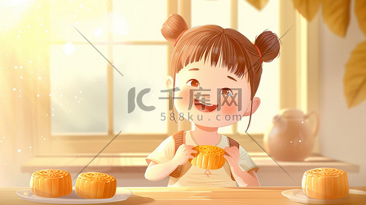 手绘室内桌面上可爱女孩开心吃月饼的插画