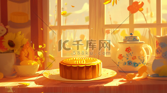 光的盘子插画图片_绘画室内阳光照射树枝花朵月饼的插画