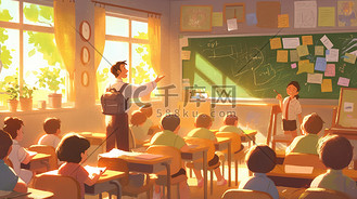 阳光照射室内老师给学生讲解的插画