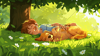 草坪睡觉的男孩插画17