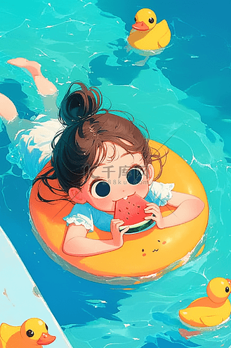 女孩夏季游泳手绘插画海报