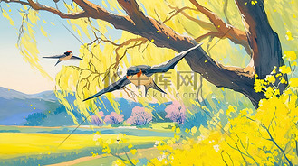 春天里燕子在树下自由的飞翔插画