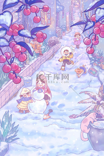 新年春节寒假小寒大寒冬天小巷打雪仗插画冬天雪景雪地