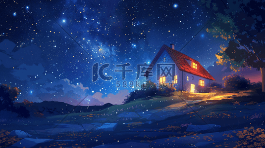 夜晚星空田野房子草地唯美插画