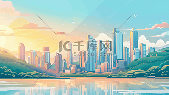 彩色手绘简约时尚城市建筑创意背景插画素材