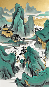 青绿工笔山水画水墨亭台楼阁山水插画设计