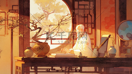 中国风伏案学习人物插画