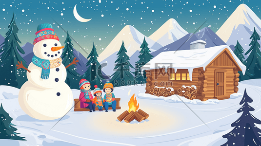 夜晚田野房屋小朋友烤火雪人插画