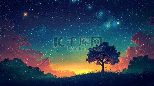 夜晚田野树木草地治愈星空插画