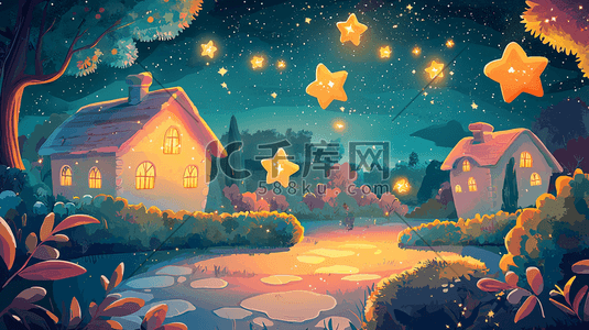 夜晚田野房屋光亮星星插画